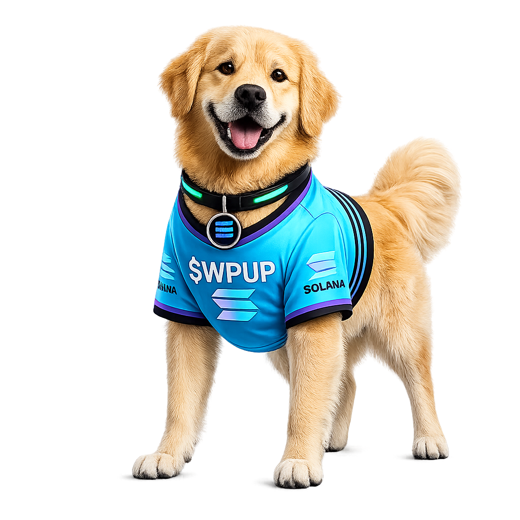 Golden Retriever in blue $WPUP soccer jersey — The Striker