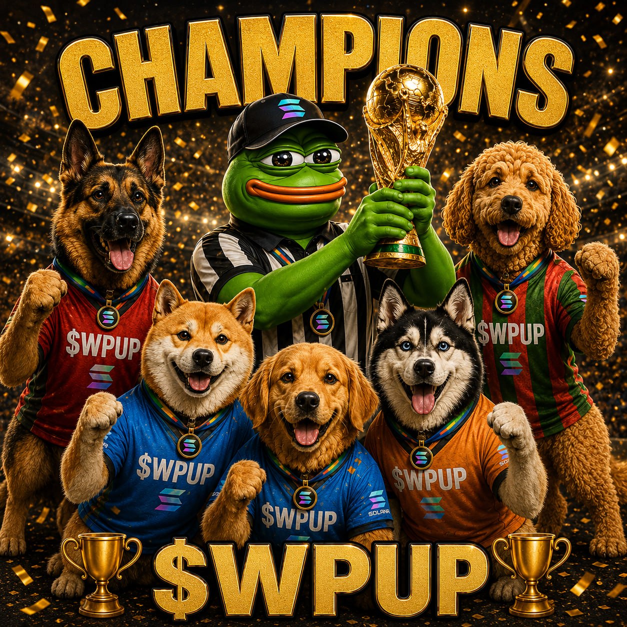 One Pack. One Goal. — World Pup dogs in jerseys facing a trophy